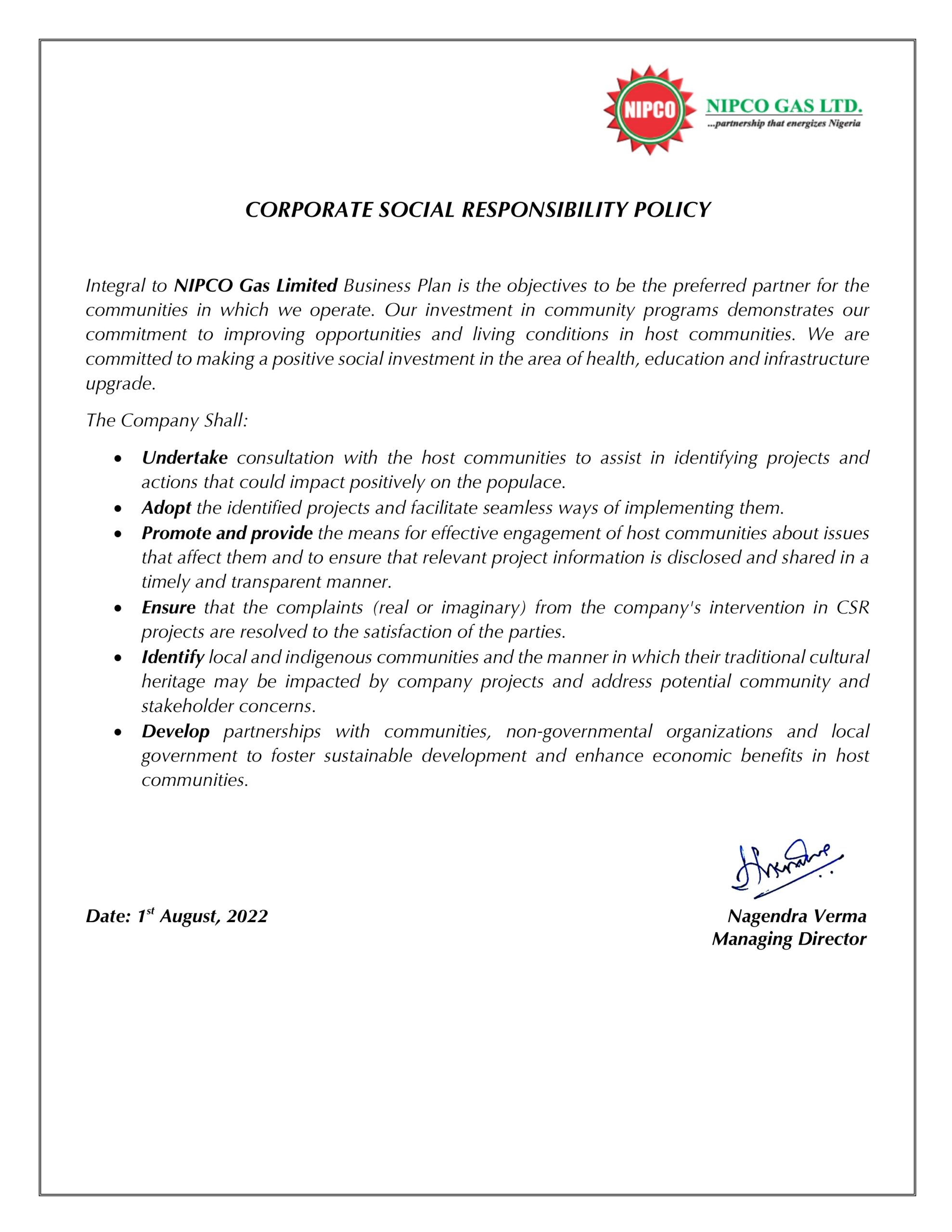 Corporate Social Responsibility Policy – NIPCO GAS LTD.