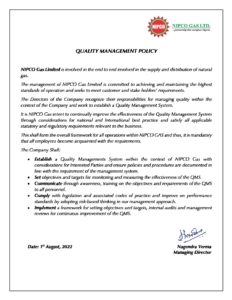Quality Management Policy - NIPCO GAS LTD.